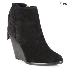 Frye CeCe Tassel Lace Black Suede Wedge Heel Ankle Booties